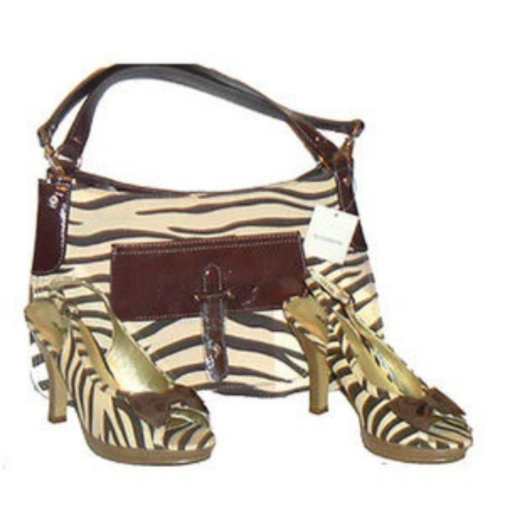 Liz Claiborne Handbag Brown and Cream Zebra Print Matching Shoes Size 6.5
